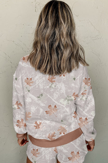 Brown Camo Maple Leaf Contrast Zipped Collar Pullover and Shorts 2pcs Set Outfit