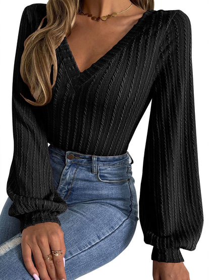Elegant Black Knit V Neck Top with Lantern Sleeves