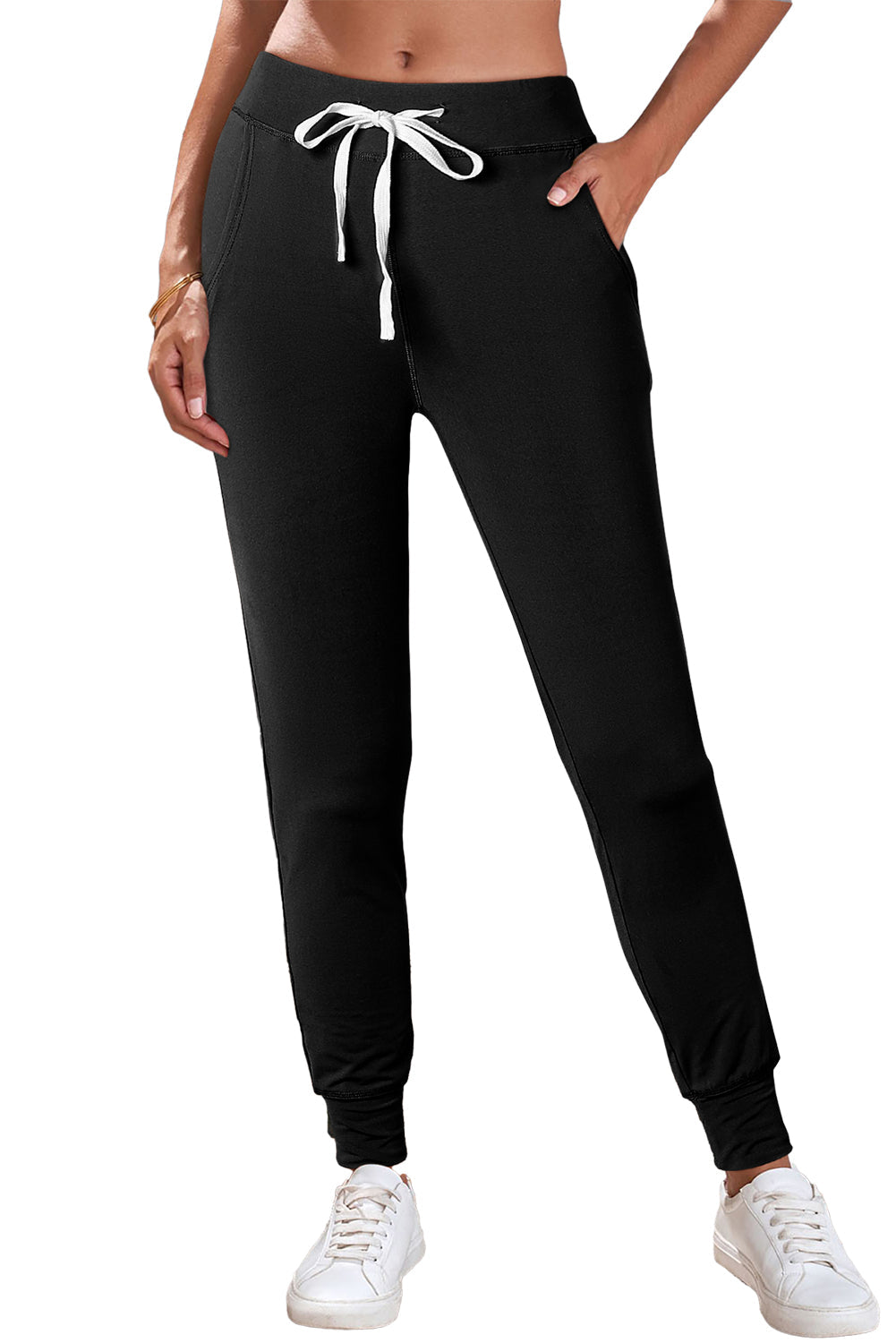 Black Drawstring Elastic Waistband Pocketed Joggers