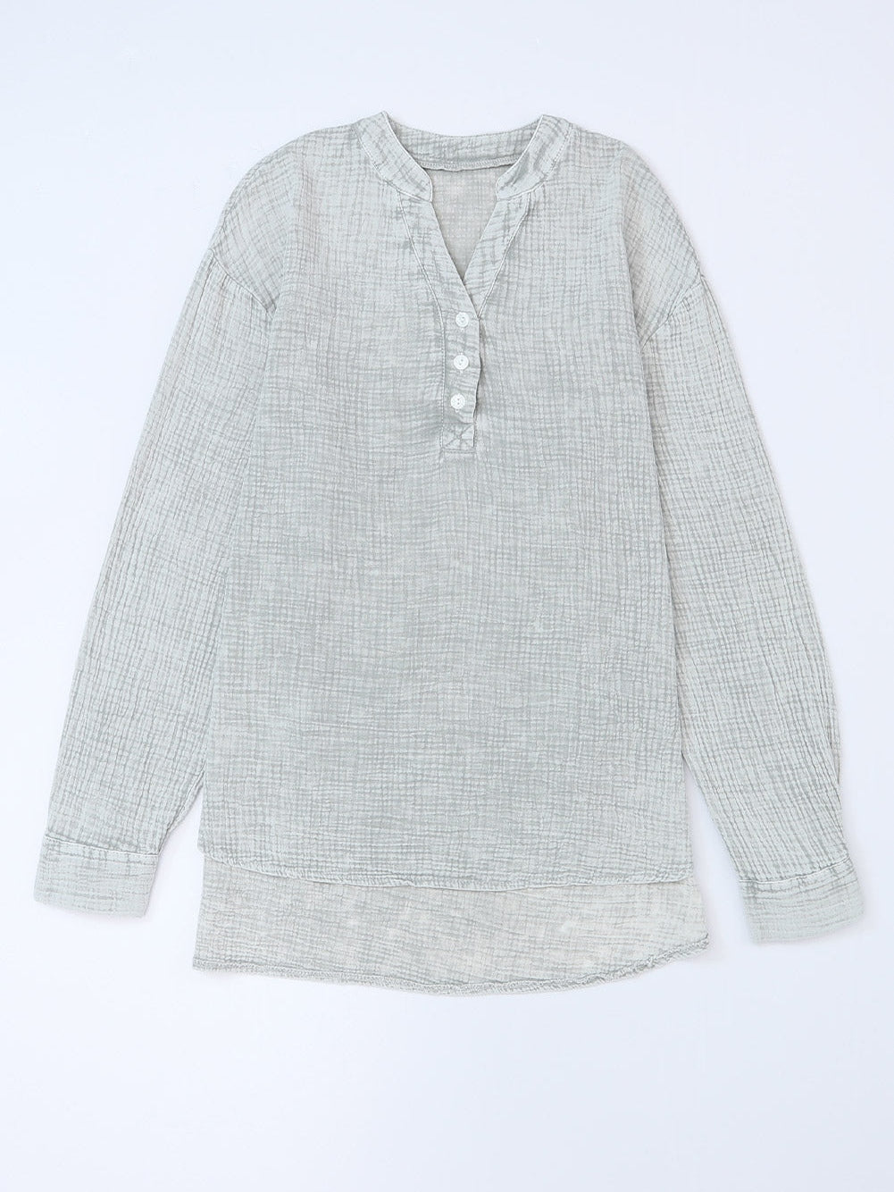 Gray Crinkle Texture Henley Top with Loose Fit