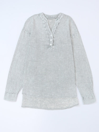 Gray Crinkle Texture Henley Top with Loose Fit