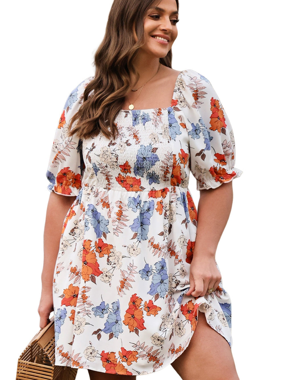 White Floral Smocked Flared Plus Size Dress