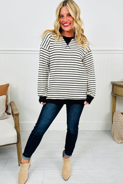 Black Stripe Twist Ribbed Drop Shoulder Pullover Top
