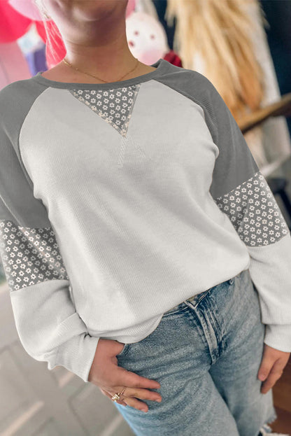 Gray Floral Print Patchwork Color Block Long Sleeve Top