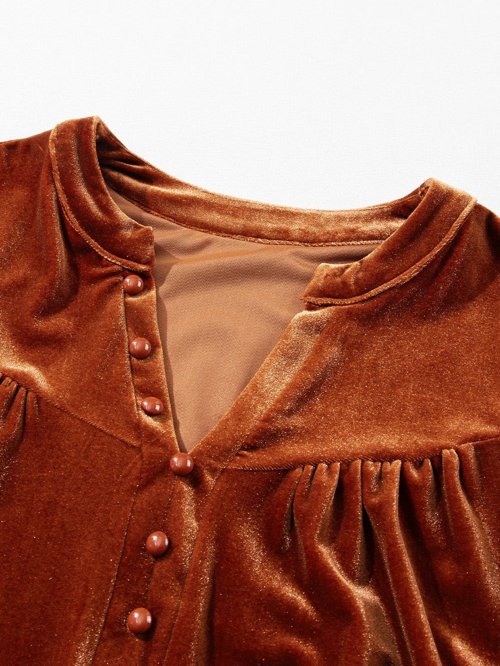 Golden Flare Lantern Sleeve Embellished Split V-Neck Velvet Blouse