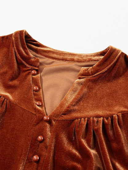 Golden Flare Lantern Sleeve Embellished Split V-Neck Velvet Blouse