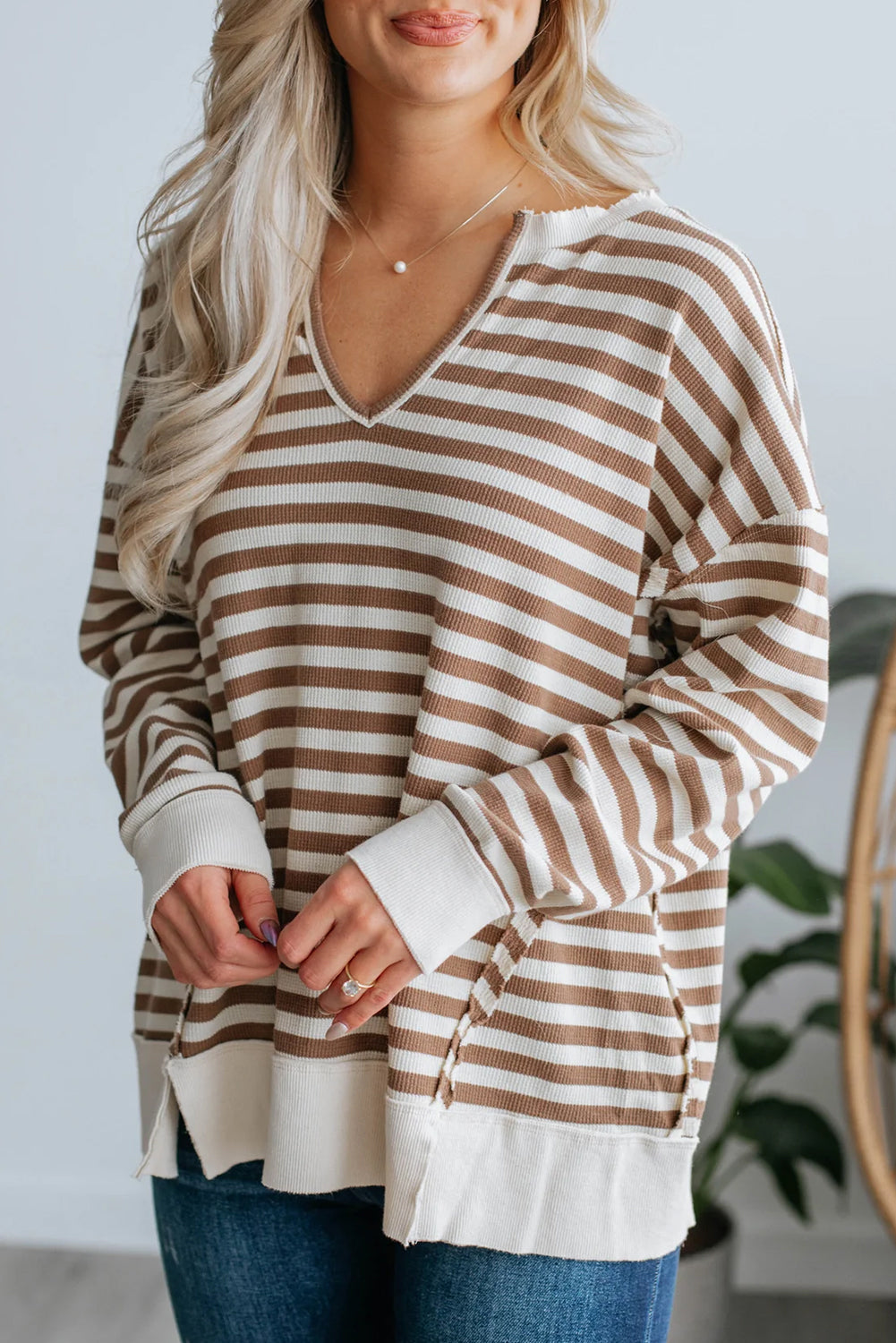 Khaki Stripe Notched V Neck Drop Shoulder Casual Top with Slits
