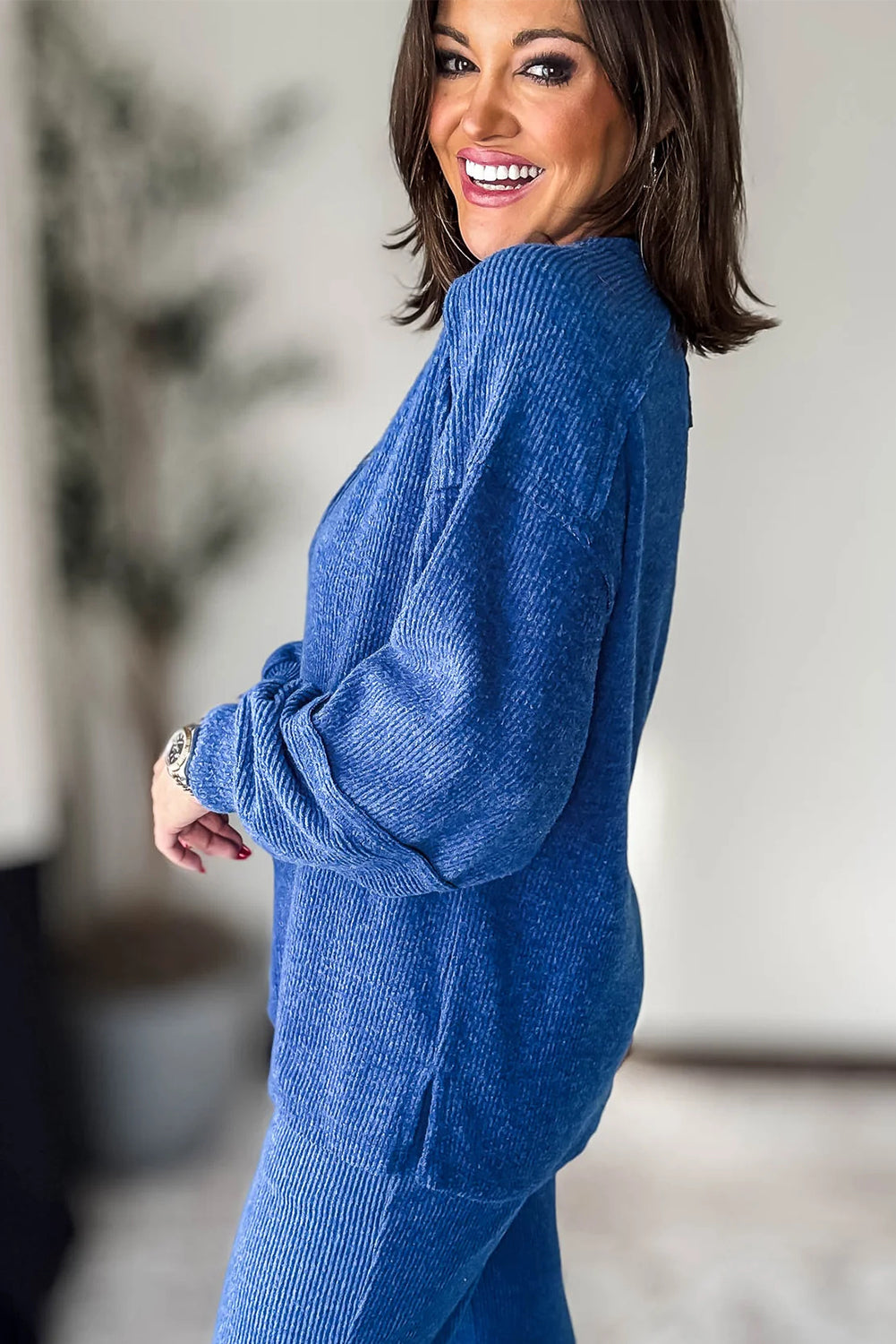 Sky Blue Brushed Ribbed Knit Exposed Seam Drop Shoulder Henley Top