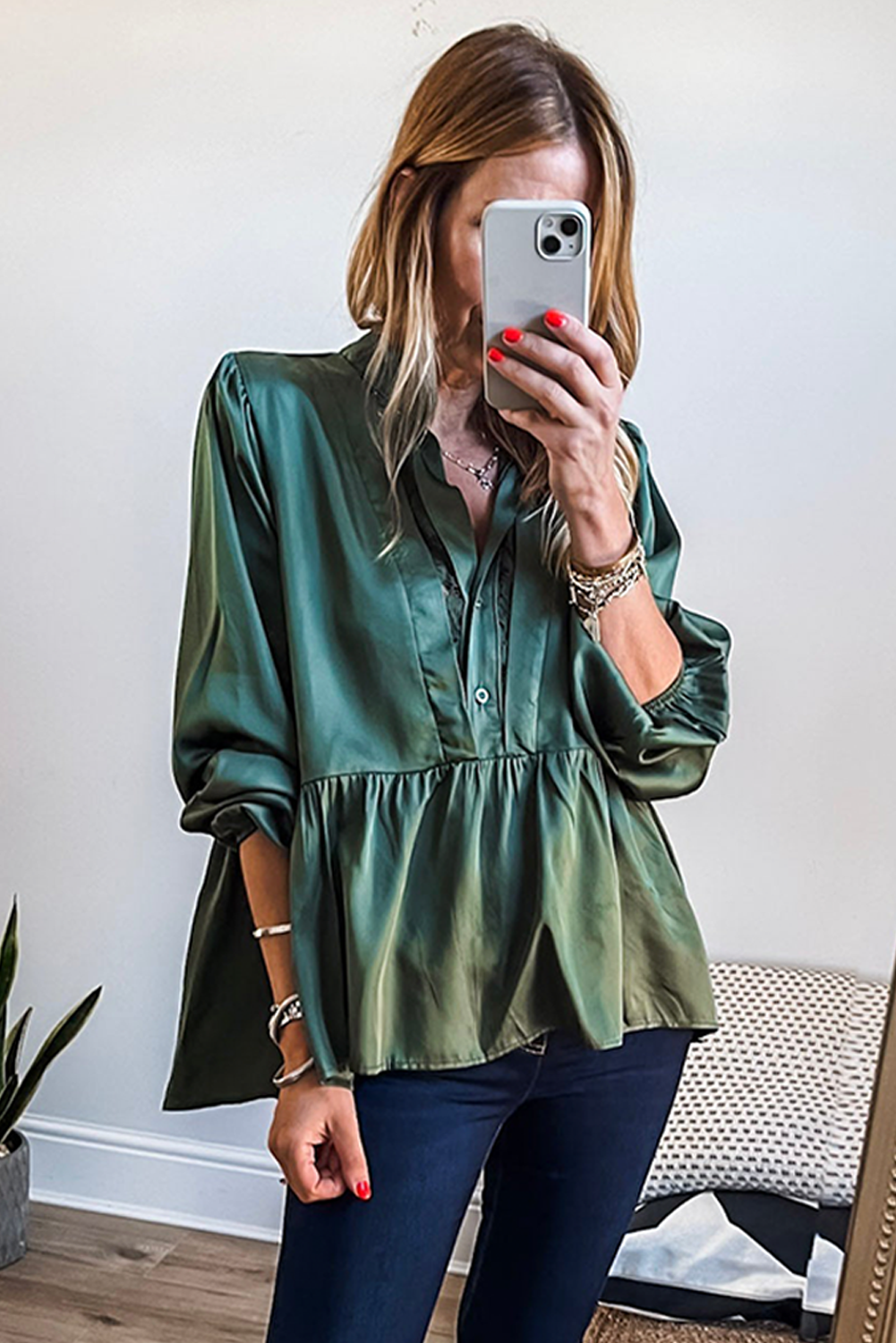 Mist Green Satin Half Button Lace Insert Neckline 3/4 Sleeve Peplum Blouse