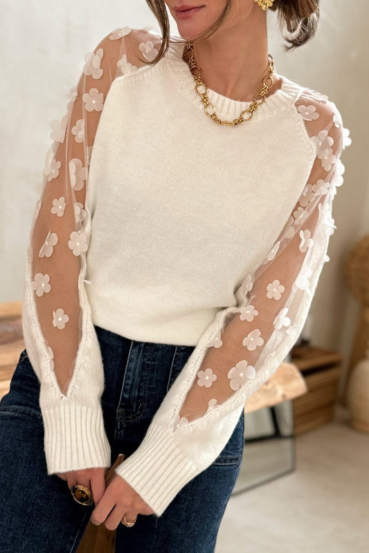 White Flower Applique Mesh Patchwork Sleeve Ribbed Trim Sweater