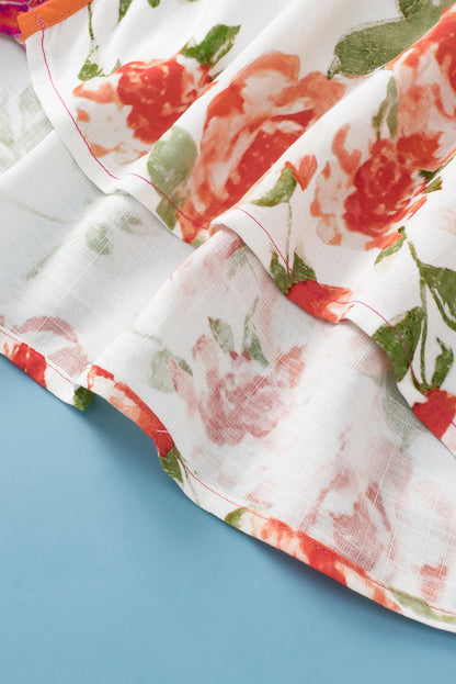 Pink Floral Print V-Neck Button-Up Blouse with Shirred Cuffs