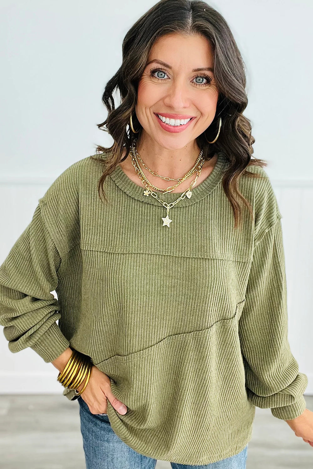 Laurel Green Solid Color Ribbed Knit Exposed Seam Patchwork Long Sleeve Top