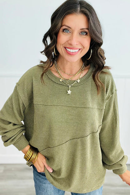 Laurel Green Solid Color Ribbed Knit Exposed Seam Patchwork Long Sleeve Top