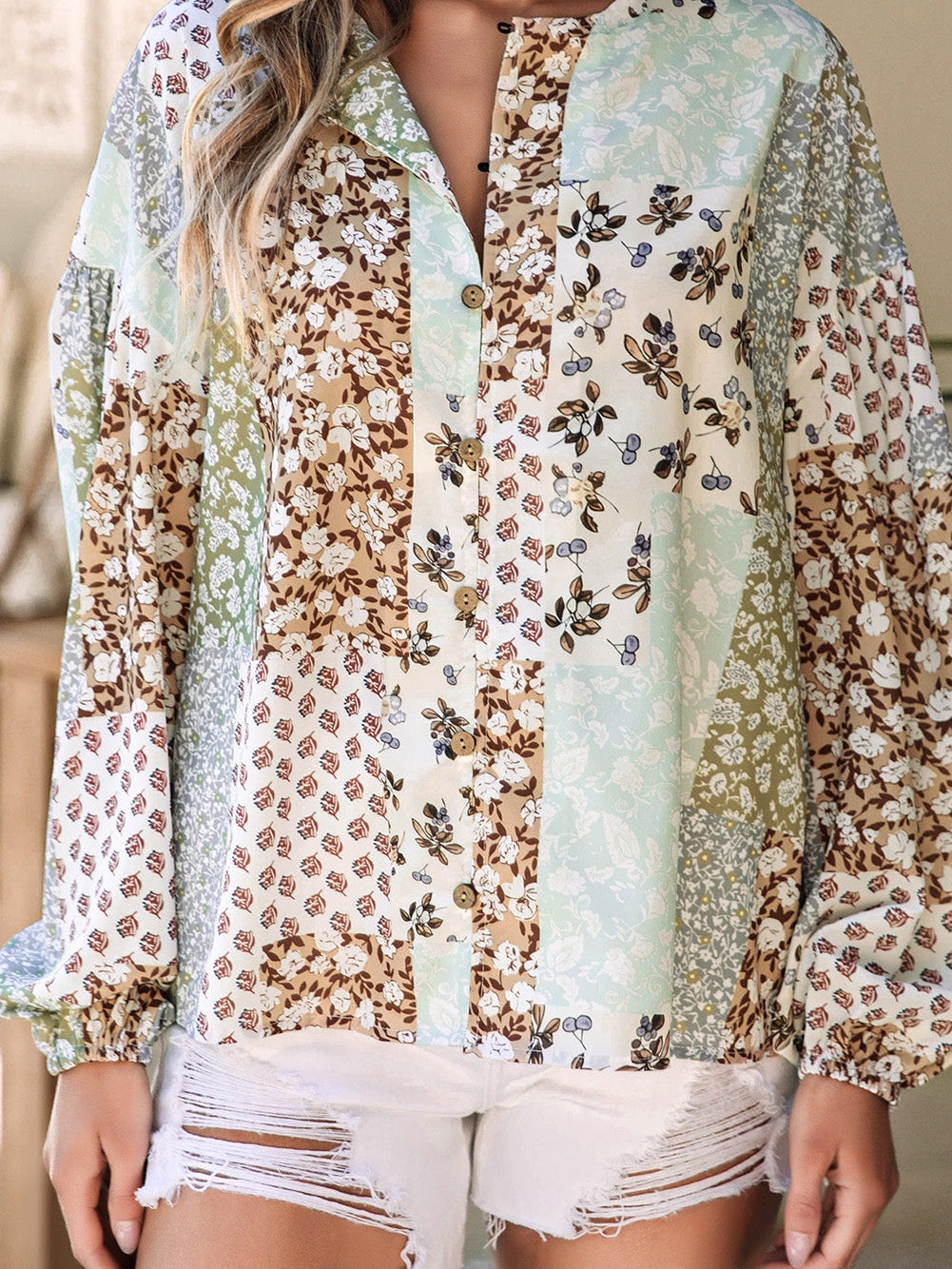 Floral Patchwork Print V-Neck Long Sleeve Blouse