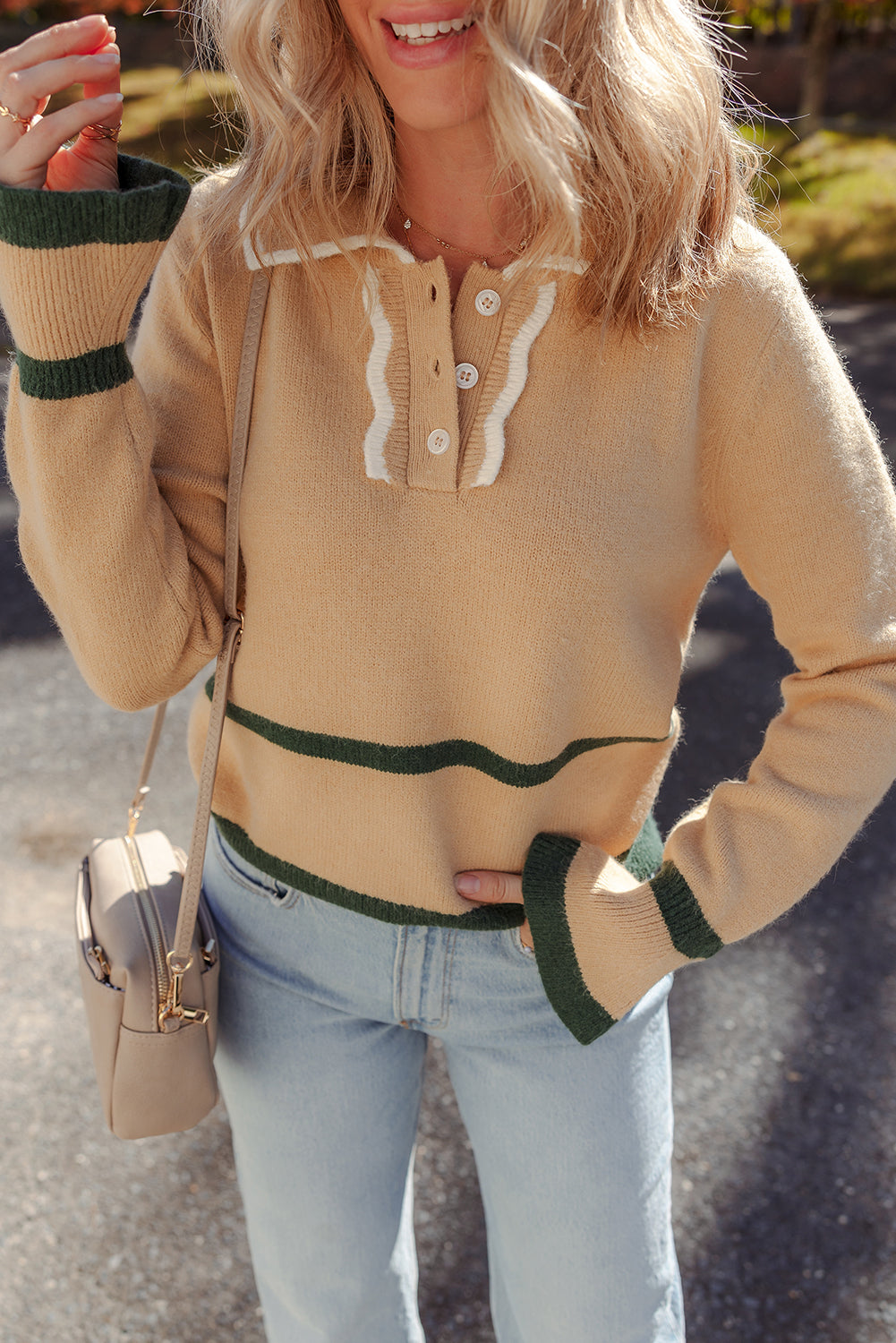 Light French Beige Contrast Trim Buttoned Collared Ruffled Sleeve Elegant Sweater