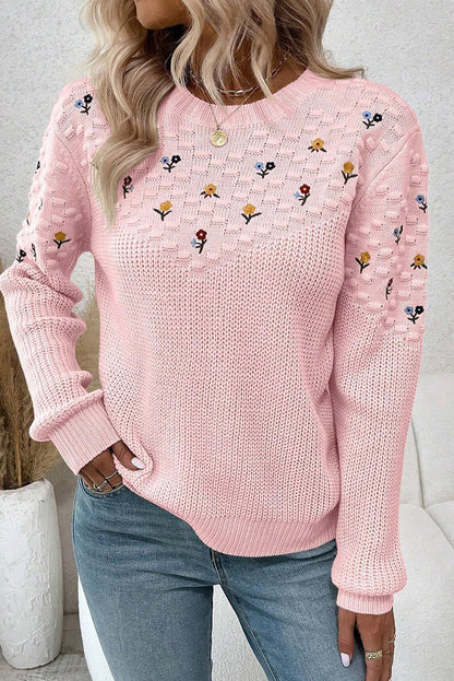 Light Pink Mixed Texture Knit Flower Embroidered Detail Casual Sweater