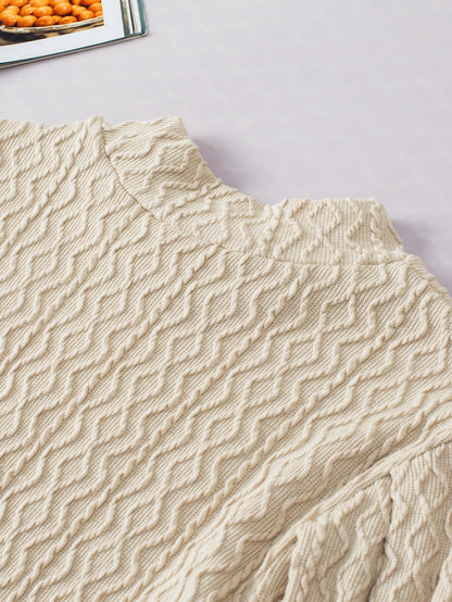 Apricot Textured Vintage Mock Neck Top with Puff Sleeves