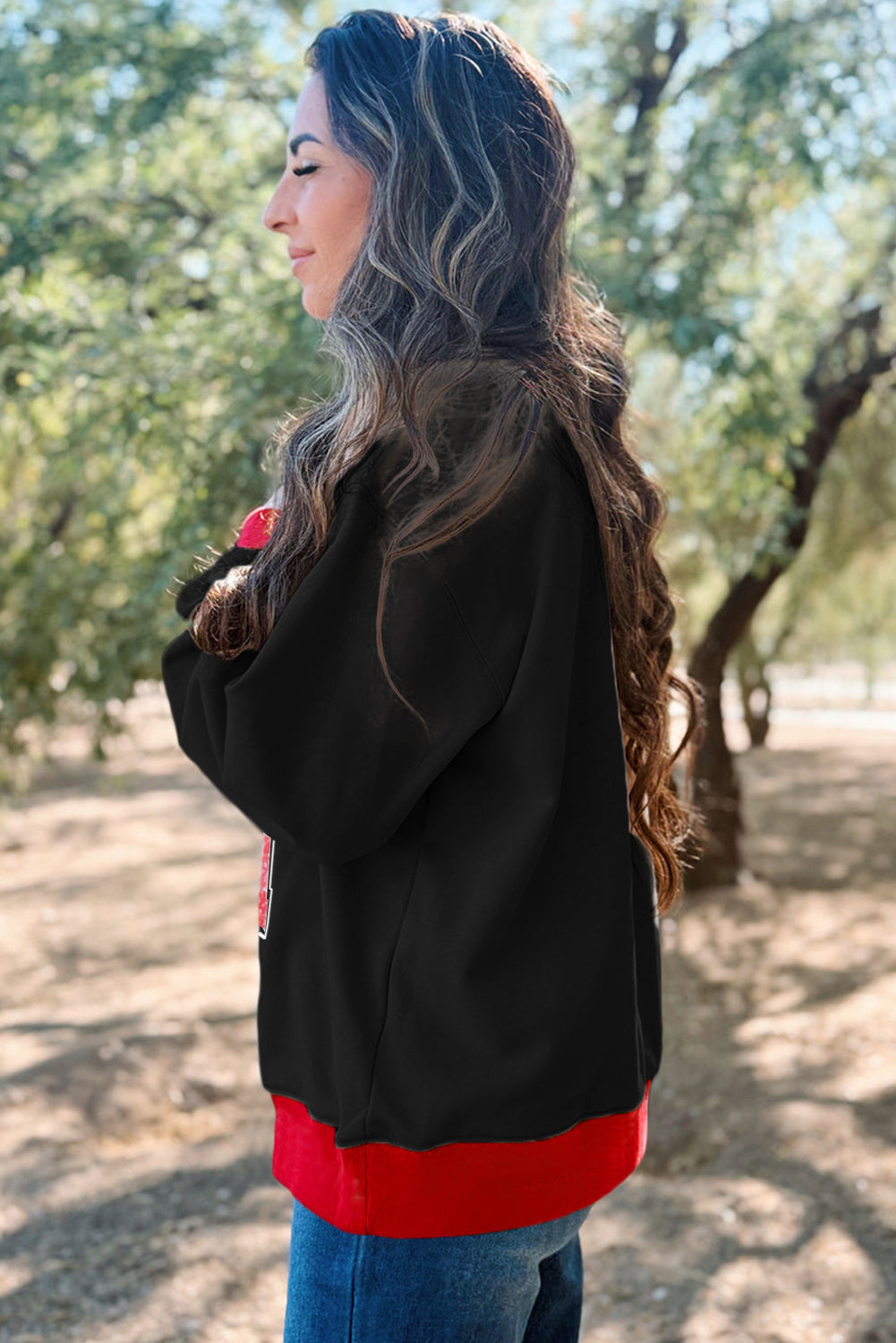 Black GAME DAY Letter Graphic Varsity Striped Detail Baggy Sweatshirt