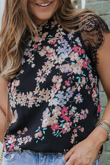 Elegant Black Lace Sleeve Floral Blouse