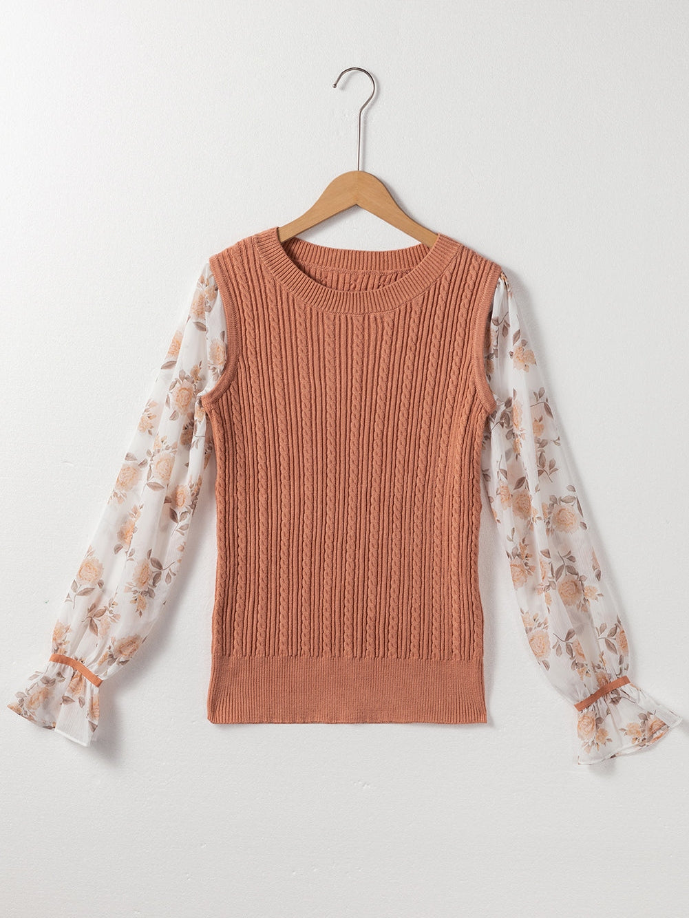Golden Floral Patchwork Ruffled Cuff Cable Knit Sweater with Elegant Southern Belle Style