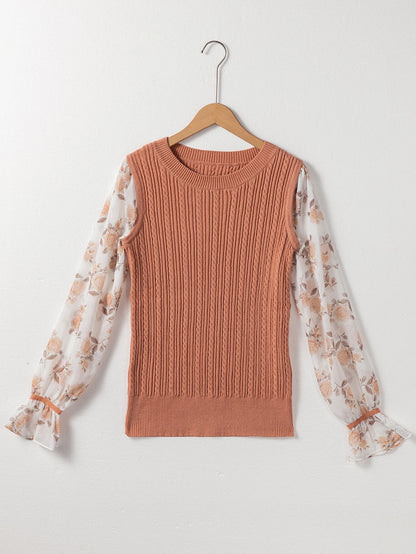 Golden Floral Patchwork Ruffled Cuff Cable Knit Sweater with Elegant Southern Belle Style