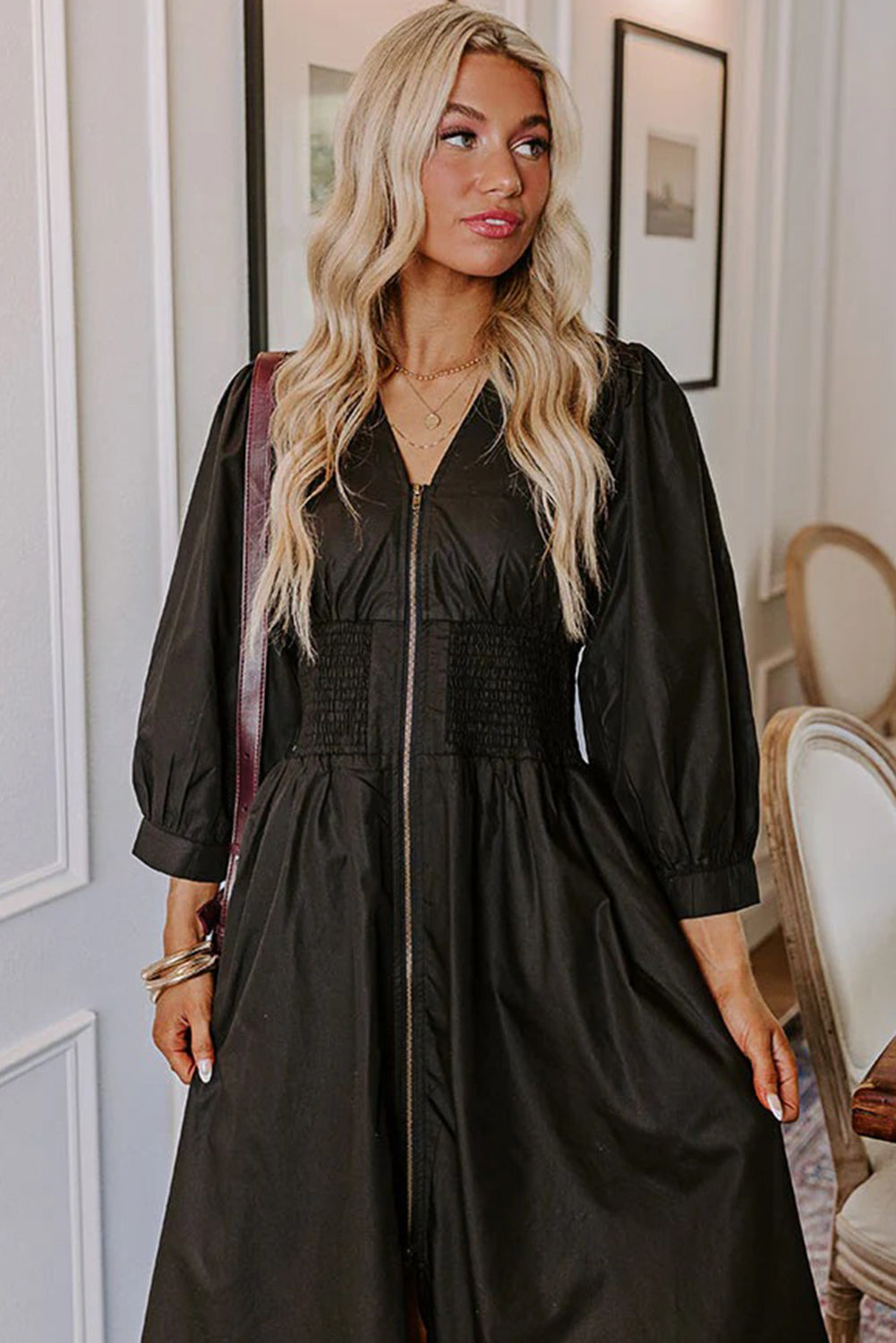 Black Smocked Waist Zipped Front Bracelet Sleeve Fit Flare Midi Dress