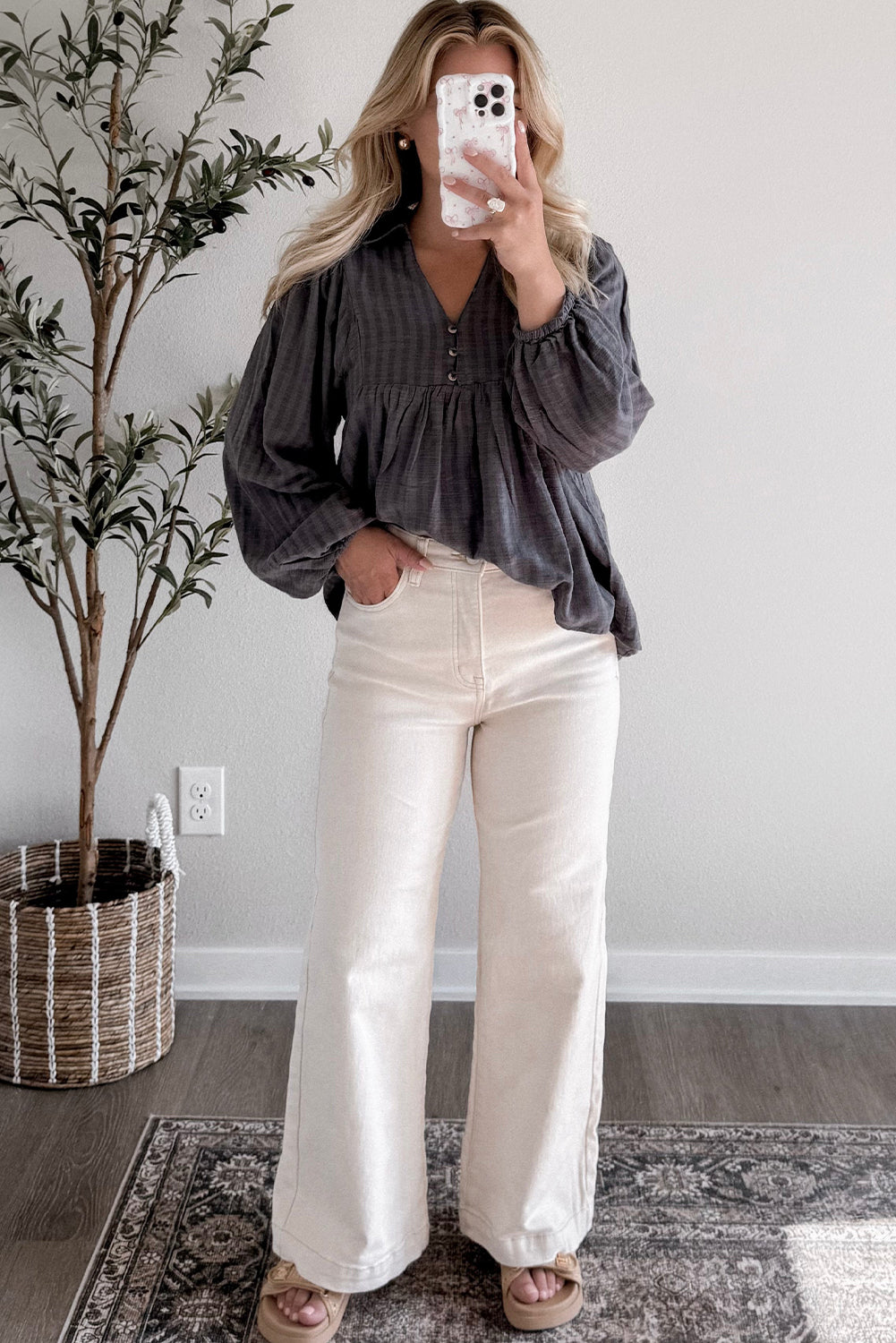 Dark Grey Striped Print Collared Button V Neck Long Puff Sleeve Peplum Blouse