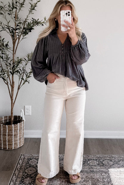 Dark Grey Striped Print Collared Button V Neck Long Puff Sleeve Peplum Blouse