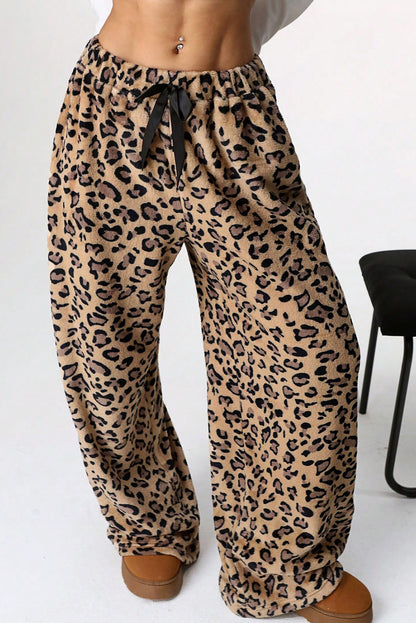 Brown Contrast Ribbon Bow Decor Leopard Print Plush Wide Leg Pants