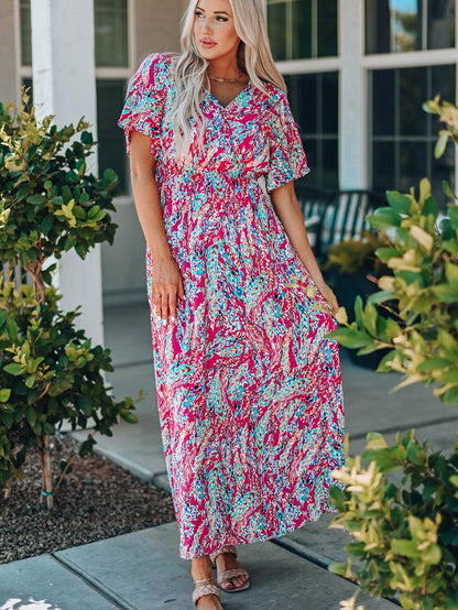 Vintage Print Puff Sleeve Maxi Dress