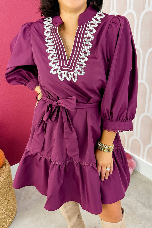 Violet Plus Contrast Detail V Neck Lace Trim 3/4 Sleeve Belted Mini Dress