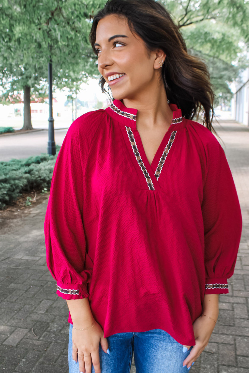 Racing Red Contrast Leopard Trim Bracelet Sleeve V Neck Textured Top