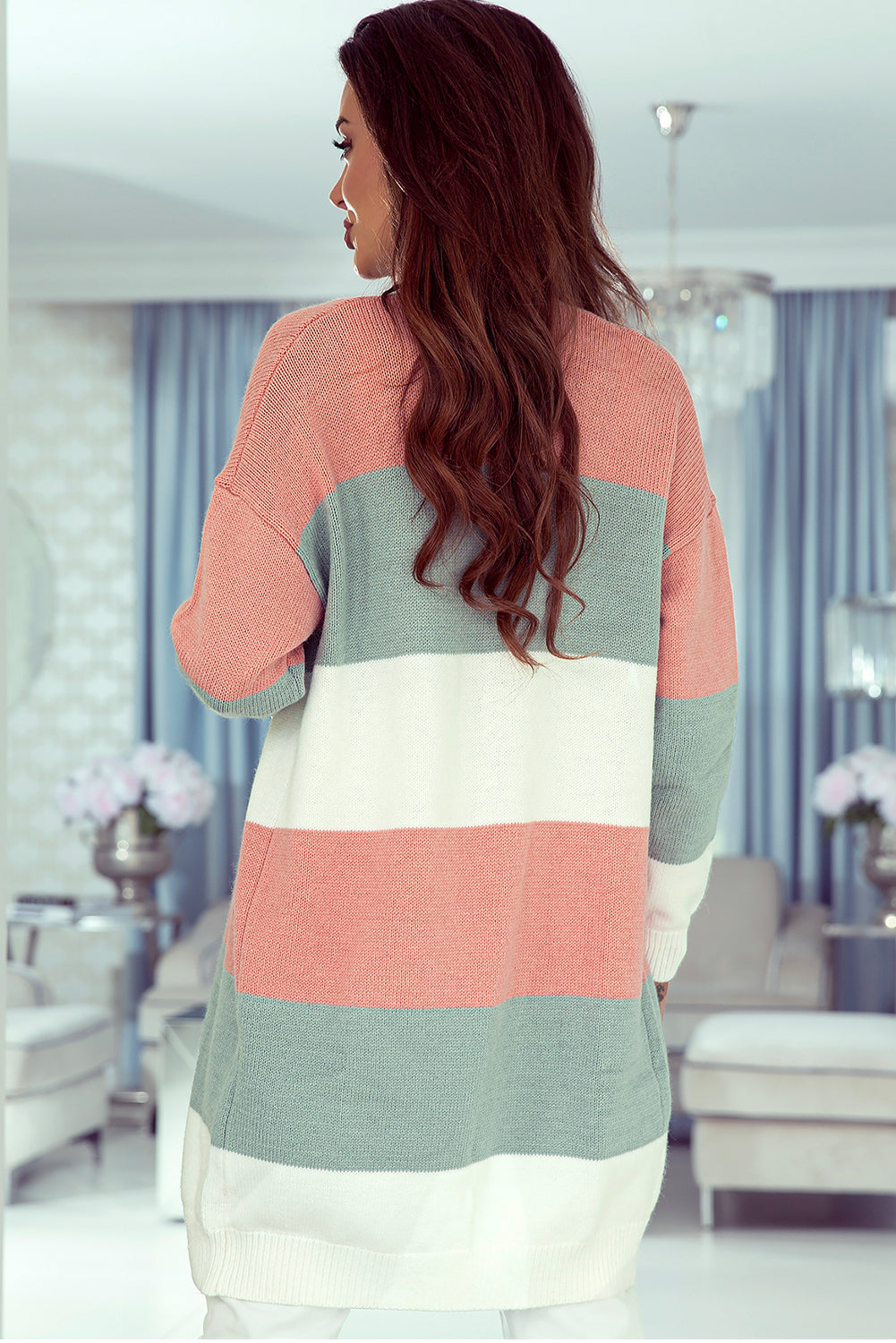 Green Striped Colorblock Open-Front Cardigan