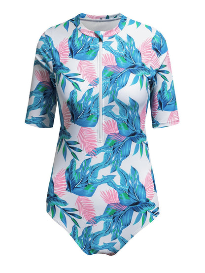 Floral Print Zip Front Half Sleeve Beach One Piece Swimsuit