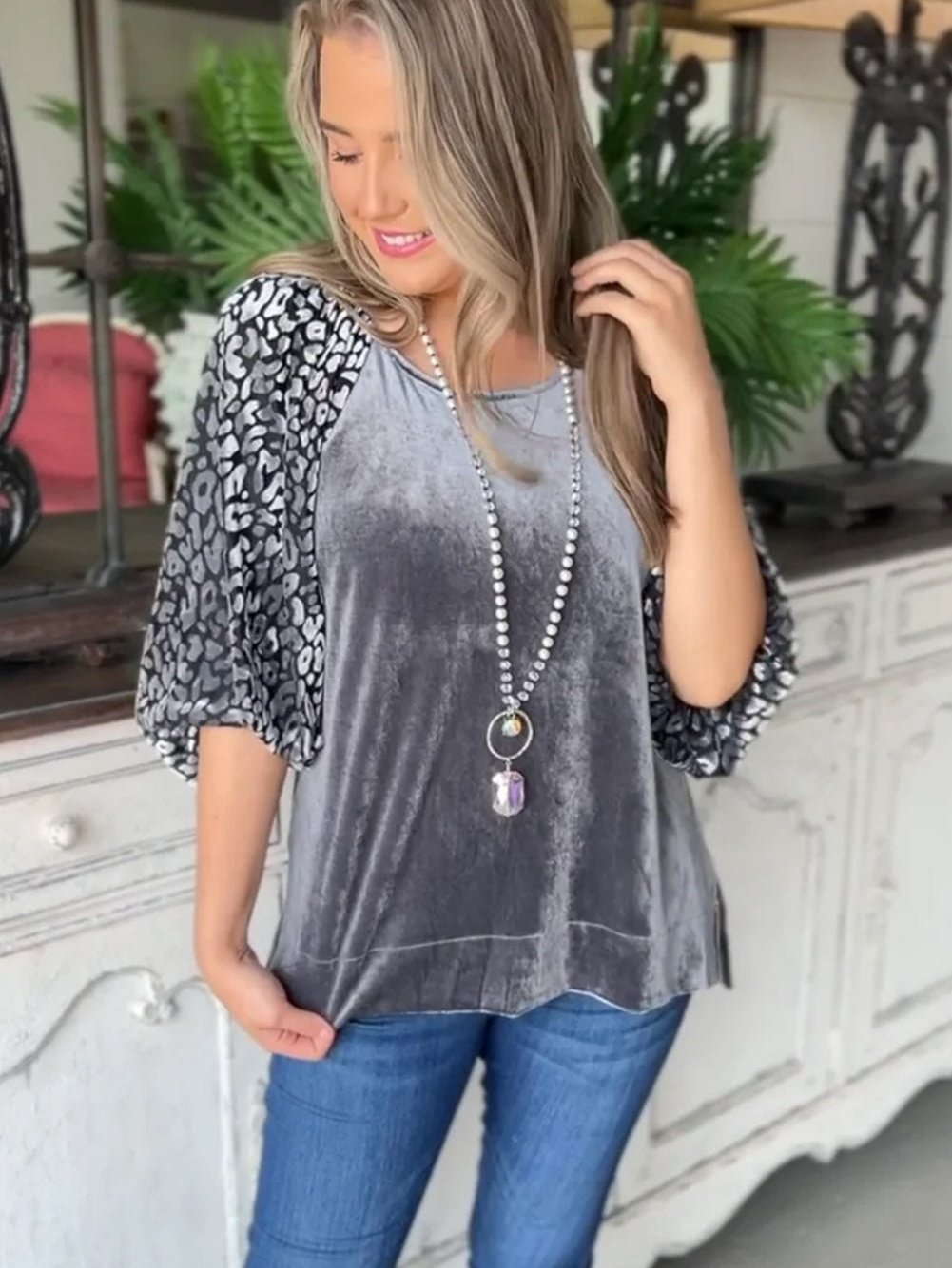 Grey Leopard Velvet Lantern Sleeve Blouse