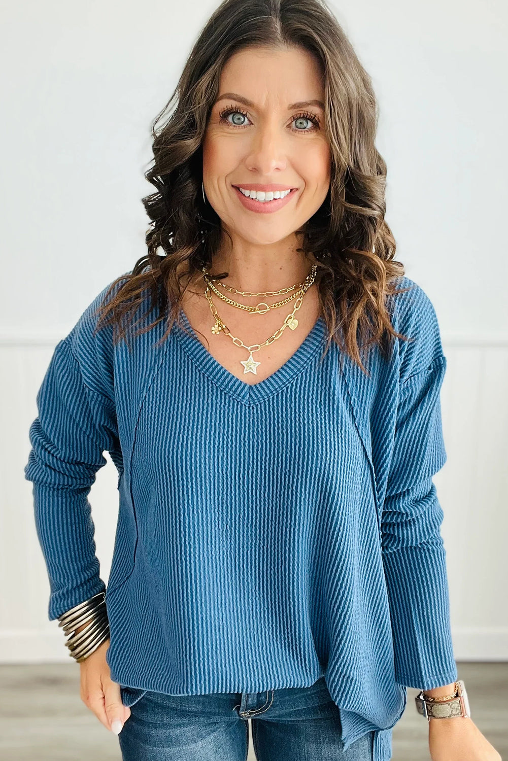 Peacock Blue Twisted Ribbed Exposed Seam V Neck Long Sleeve Top