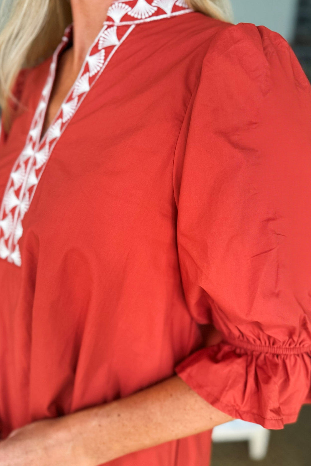 Fiery Red Flounced Half Sleeve Contrast Embroidered Split Neck Shift Mini Dress