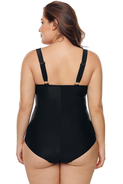 Black Hollow-out Neck Plus Size Maillot Swimsuit with Elegant Shoulder Straps