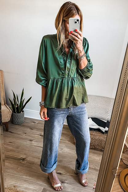 Mist Green Satin Half Button Lace Insert Neckline 3/4 Sleeve Peplum Blouse