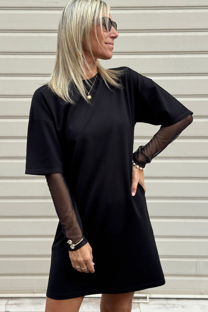 Black Mesh Long Sleeve Patchwork Shift Fit T Shirt Dress