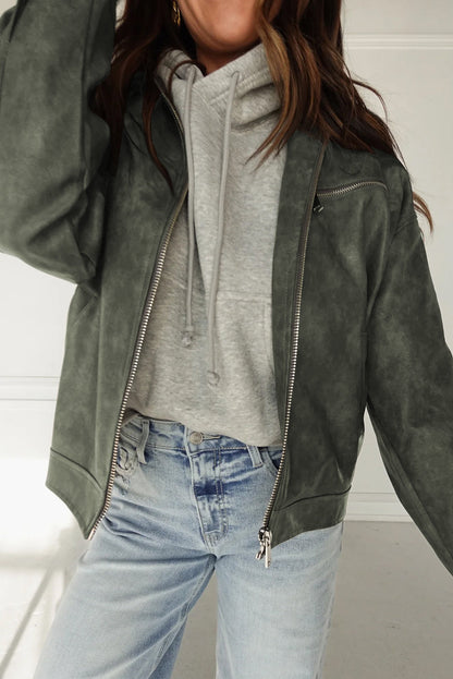 Four Leaf Clover Vintage Faux Leather Button Pleated Cuffs Zip Up Jacket