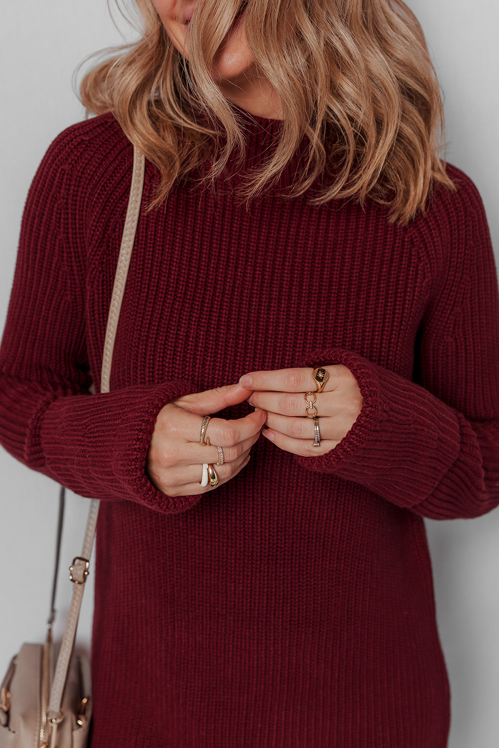 Burgundy Raglan Sleeve Ribbed Knit High Neck Bodycon Sweater Mini Dress
