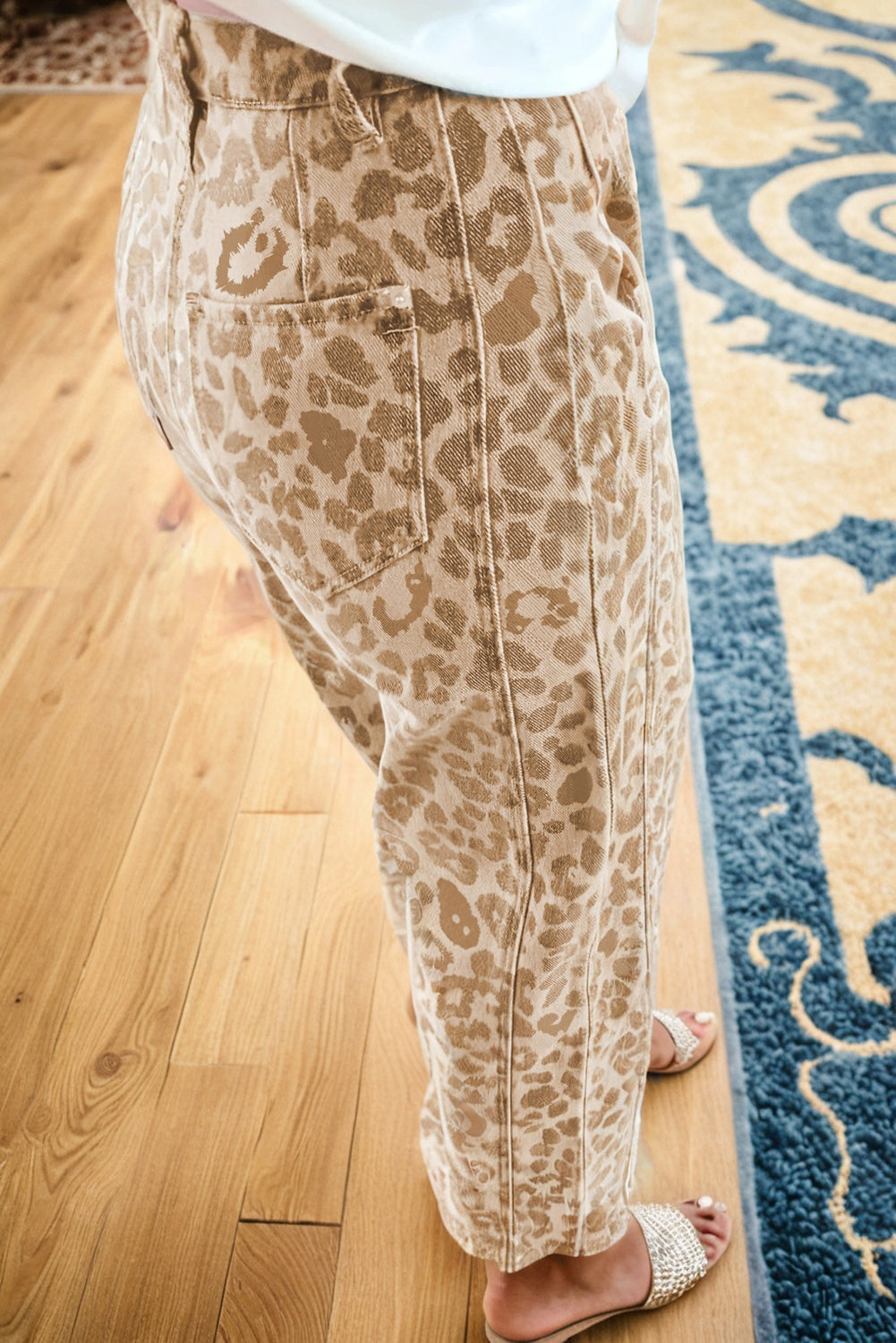 Khaki Leopard Print Straight Loose Jeans