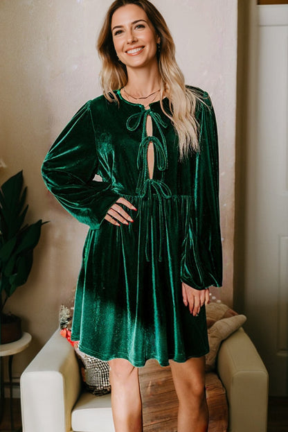 Evergreen Front Tie Velvet Bubble Sleeve Mini Dress