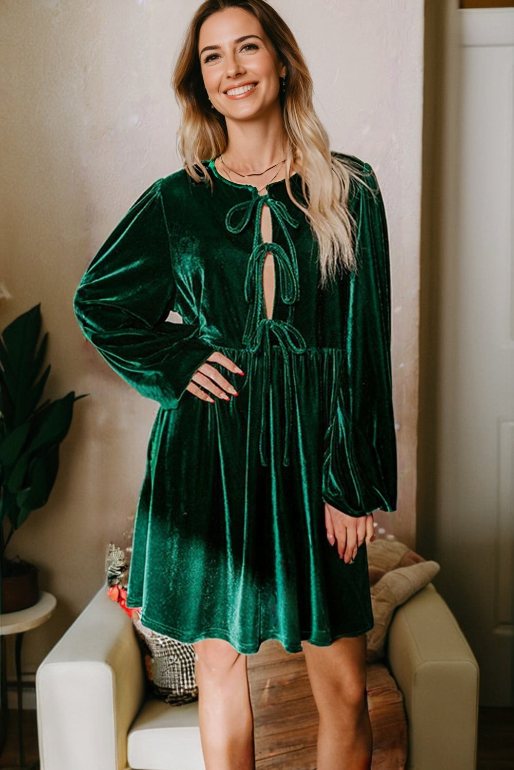 Evergreen Front Tie Velvet Bubble Sleeve Mini Dress