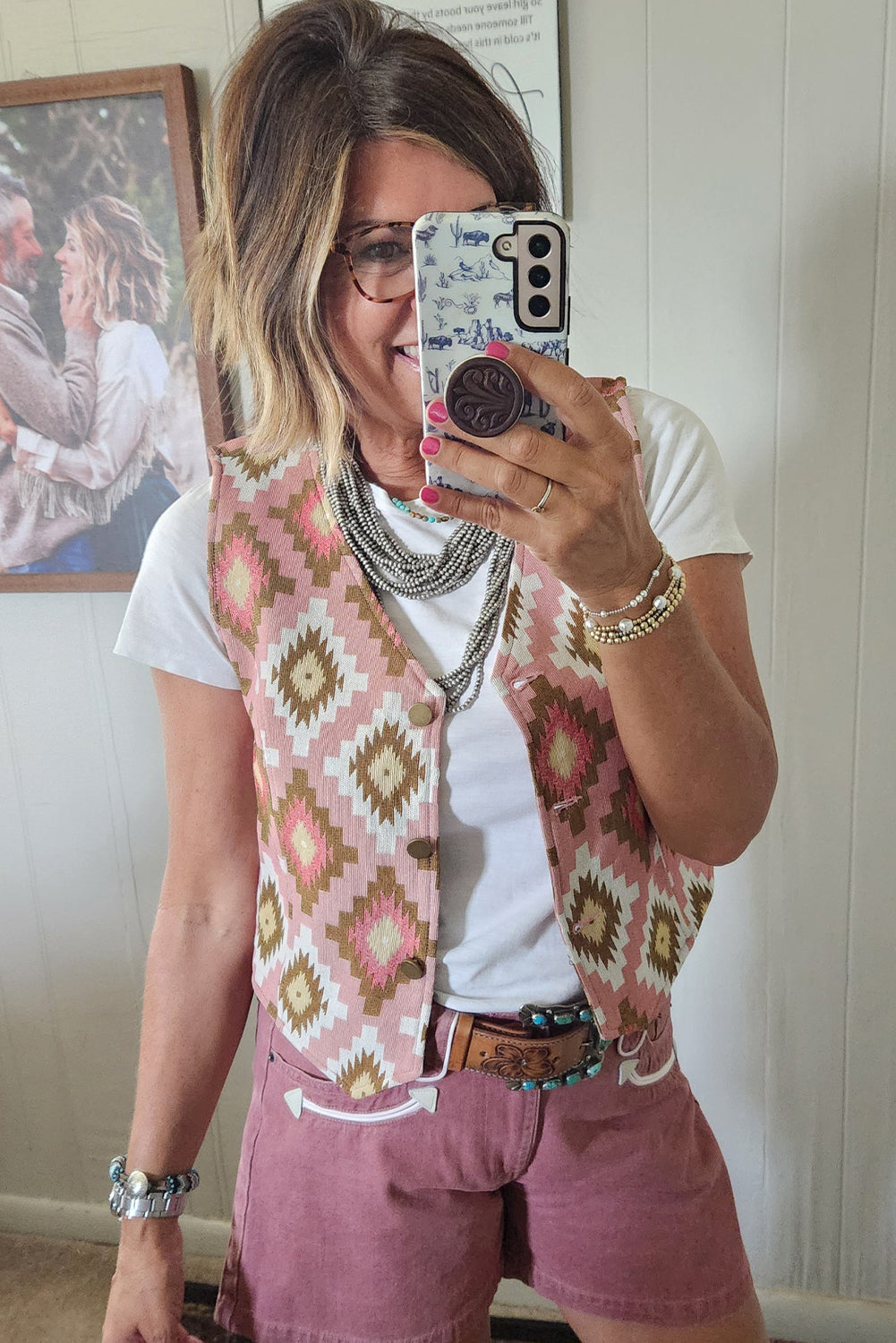 Pink Western Aztec Print Cropped Vest