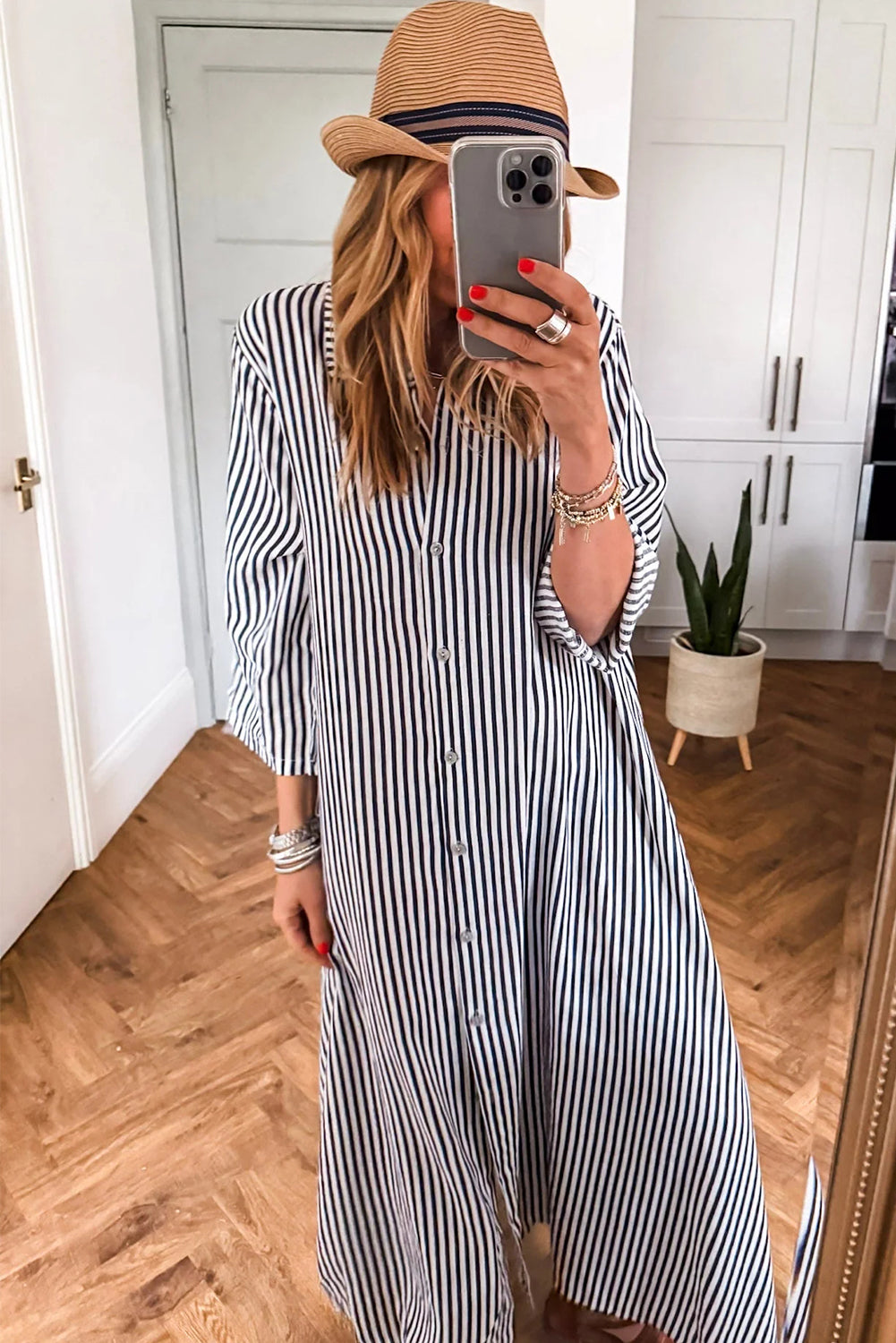 Black Stripe Side Pockets Buttoned Loose Fit Maxi Dress