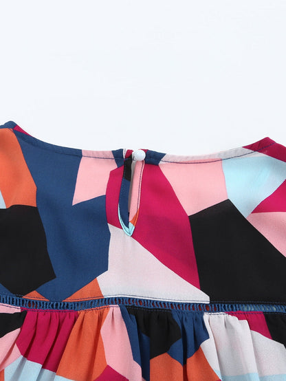 Glowing Abstract Pattern Ruffled Sleeve Crewneck Blouse