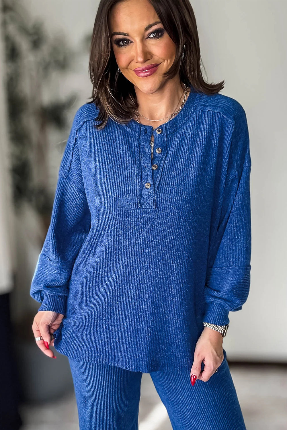 Sky Blue Brushed Ribbed Knit Exposed Seam Drop Shoulder Henley Top