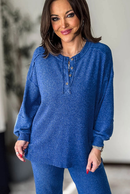 Sky Blue Brushed Ribbed Knit Exposed Seam Drop Shoulder Henley Top